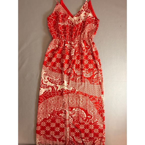 River Island Women Red White Floral Patchwork Maxi Dress Slit UK 12 US 8 No Belt - Picture 1 of 8